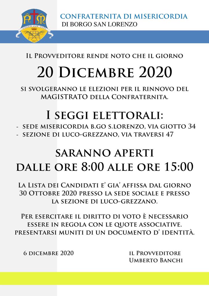 Domenica 20 dicembre elezioni per rinnovare la cariche alla